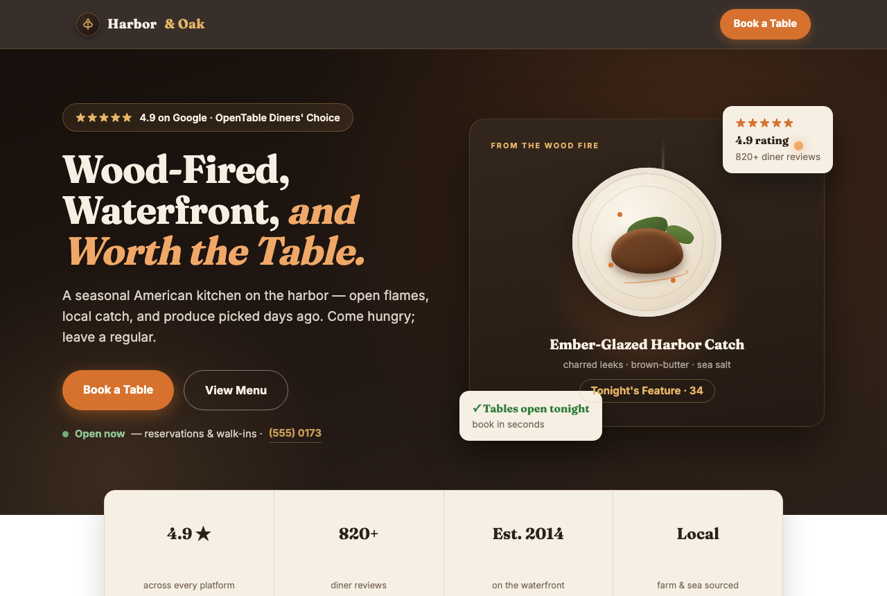 Harbor & Oak restaurant website